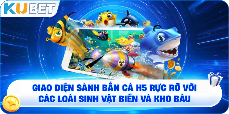 Giao diện sảnh bắn cá H5 rực rỡ với các loài sinh vật biển và kho báu